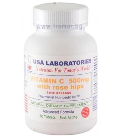 ВИТАМИН Ц + ШИПКИ таблетки с удължено освобождаване 500 мг * 30 USA LABORATORIES